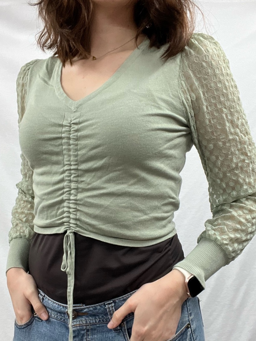 Nikka K V-Neck Ruched Knit Top with Sheer Textured Sleeves — Sage Green